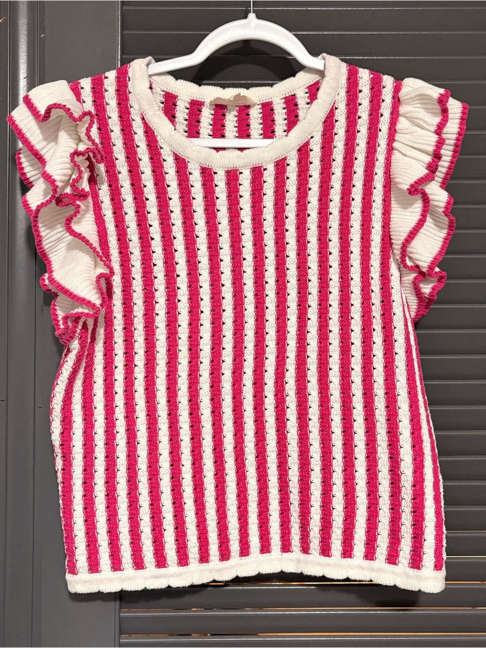 entro Pink and Cream Cotton Striped Ruffle Sleeve Knit Top